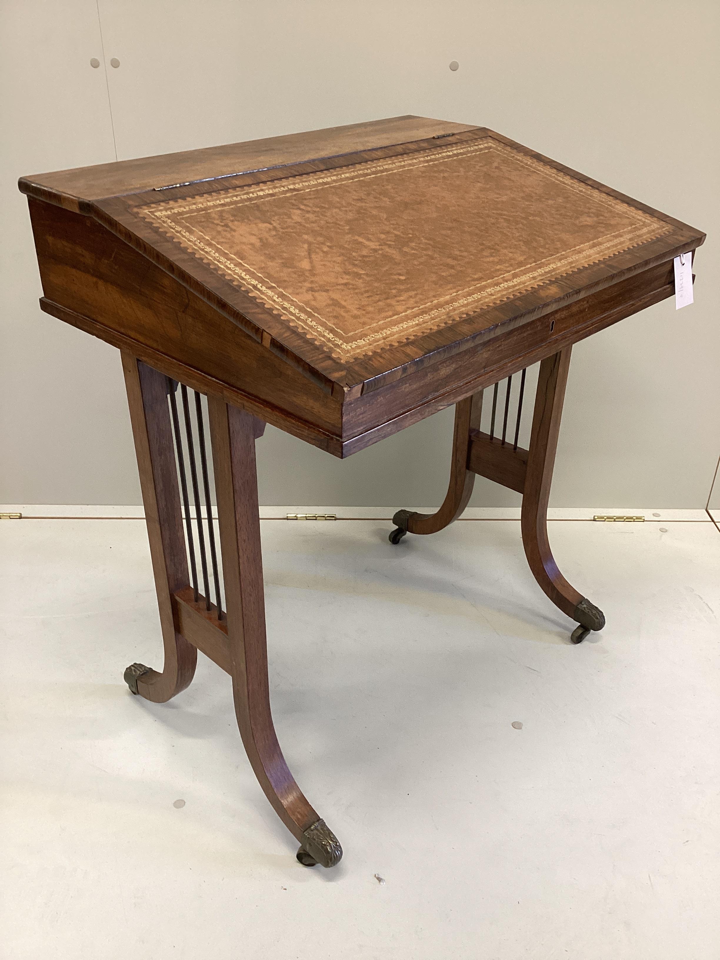 A Regency style rosewood and mahogany Davenport stamped Gillows, width 69cm, depth 55cm, height 82cm